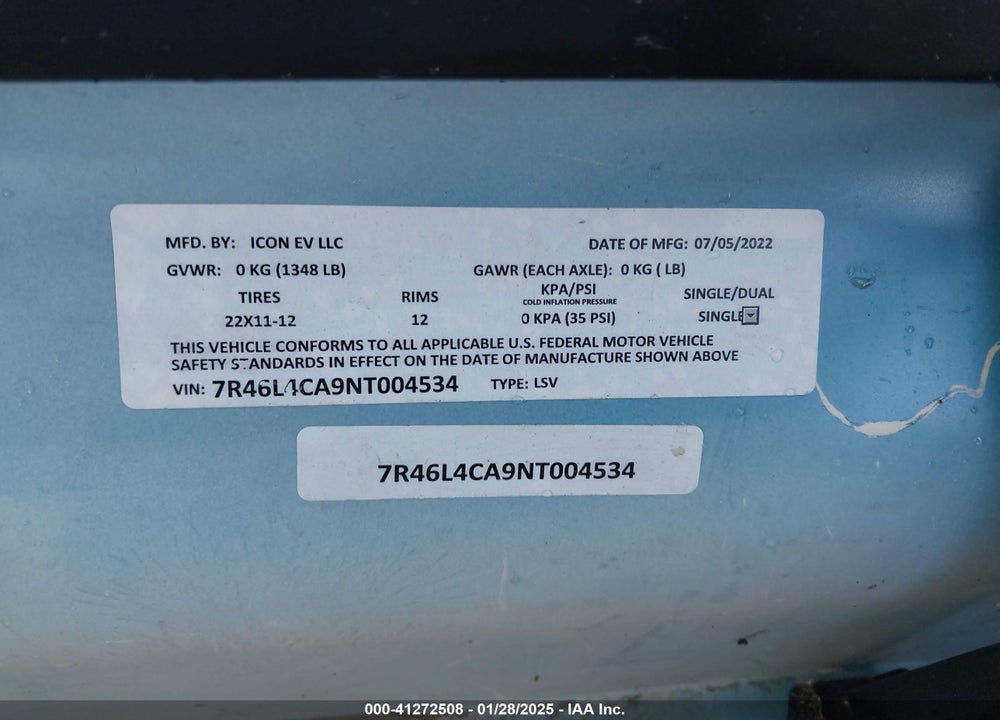2022 GOLF CART ICON 60L VIN: 7R46L4CA9NT004534
