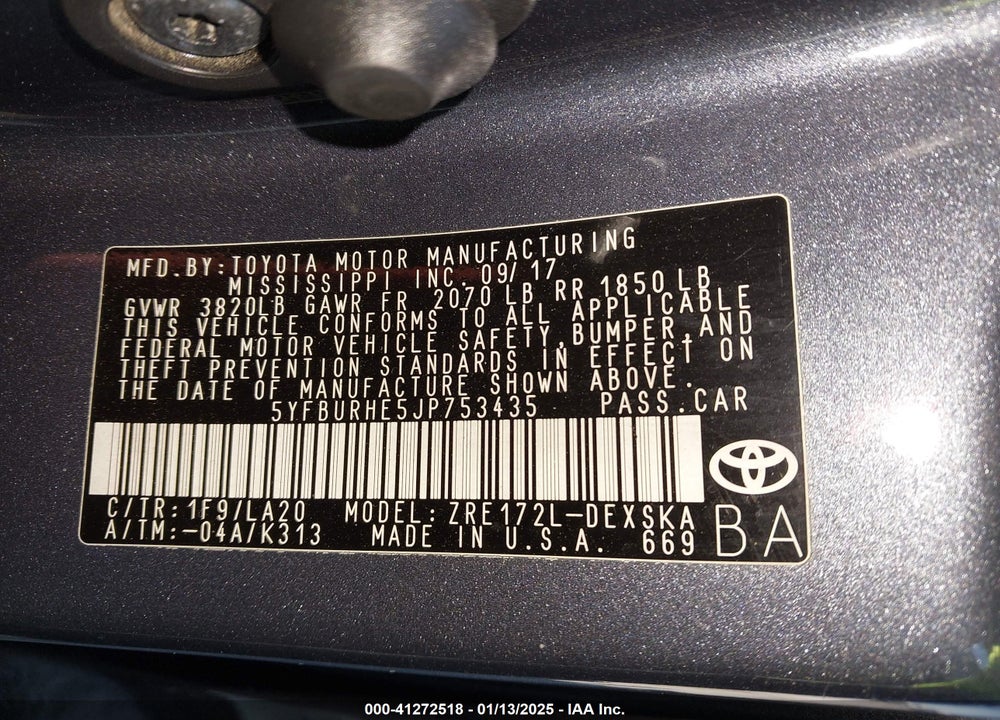 2018 TOYOTA COROLLA XSE VIN: 5YFBURHE5JP753435