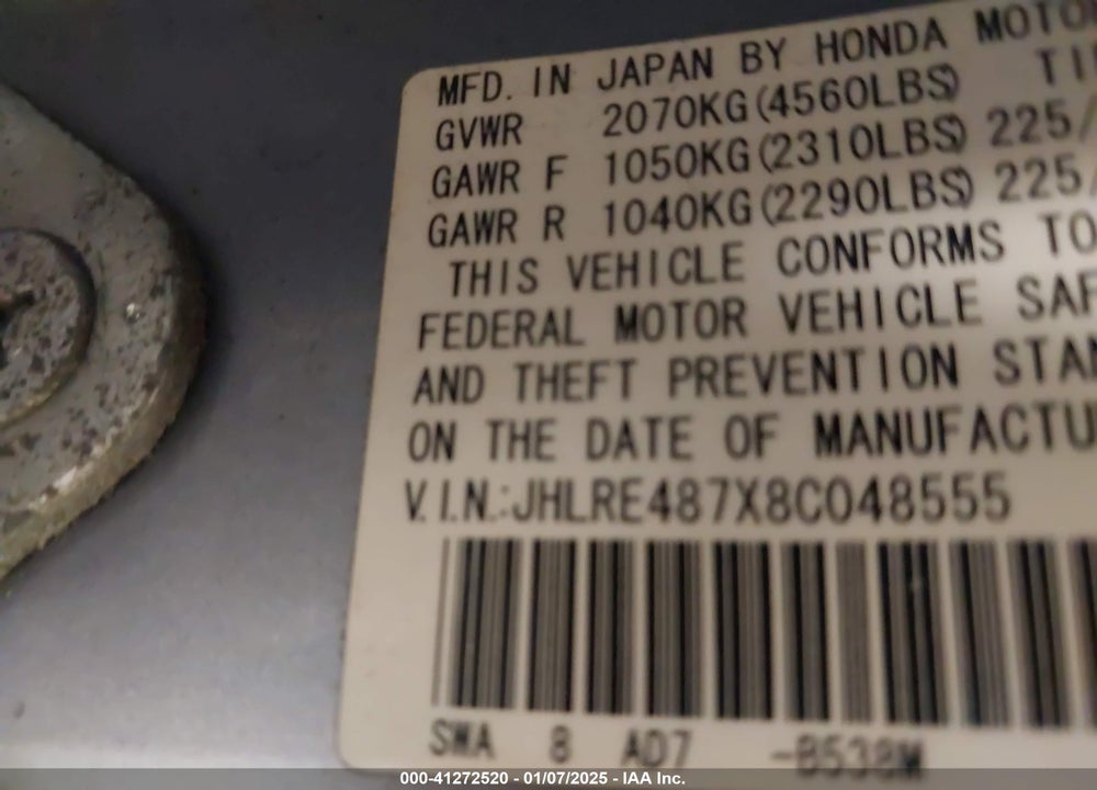 2008 HONDA CR-V EX-L VIN: JHLRE487X8C048555