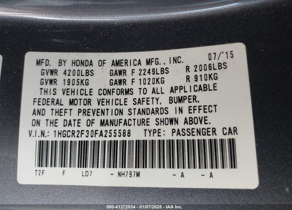 2015 HONDA ACCORD LX VIN: 1HGCR2F30FA255588