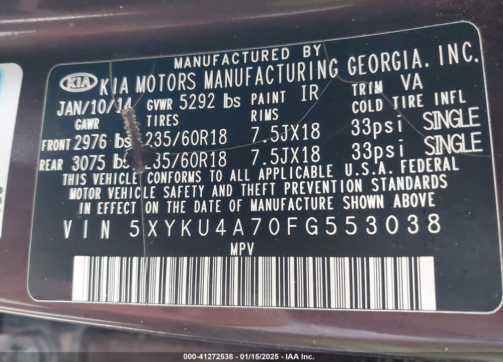 2015 KIA SORENTO VIN: 5XYKU4A70FG553038