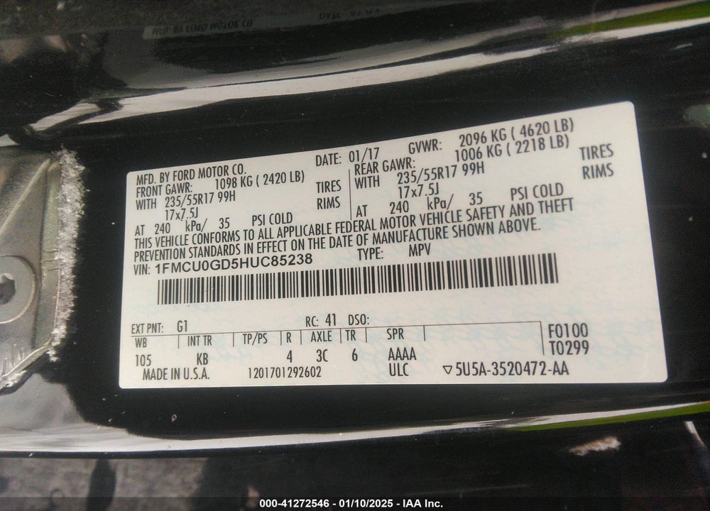 2017 FORD ESCAPE SE VIN: 1FMCU0GD5HUC85238