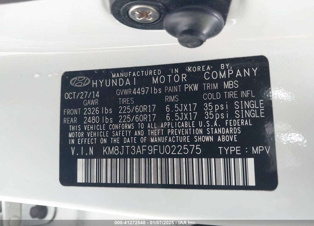2015 HYUNDAI TUCSON GLS VIN: KM8JT3AF9FU022575