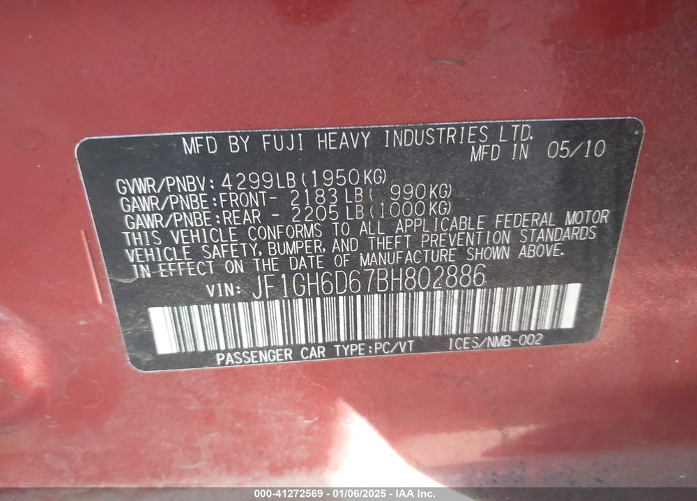 2011 SUBARU IMPREZA OUTBACK SPORT VIN: JF1GH6D67BH802886
