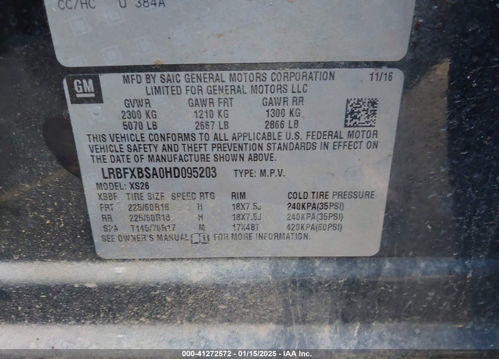 2017 BUICK ENVISION ESSENCE VIN: LRBFXBSA0HD095203