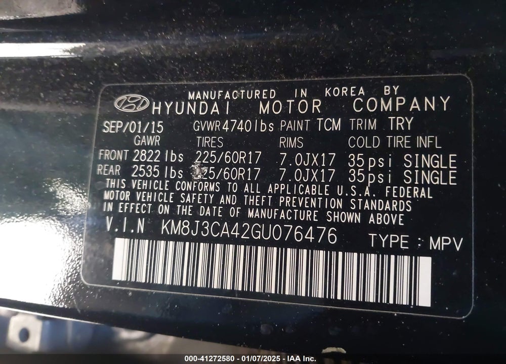 2016 HYUNDAI TUCSON SE VIN: KM8J3CA42GU076476