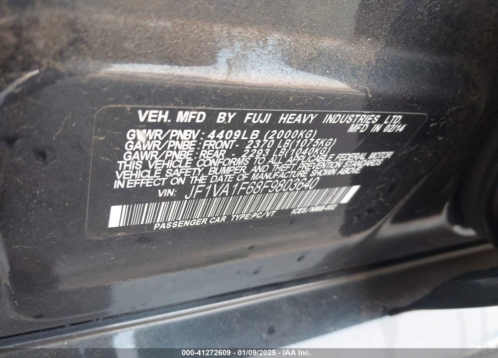 2015 SUBARU WRX PREMIUM VIN: JF1VA1F68F9803640
