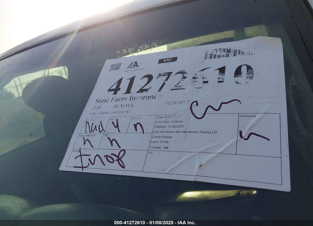 2001 TOYOTA TUNDRA VIN: 5TBJN32101S192587
