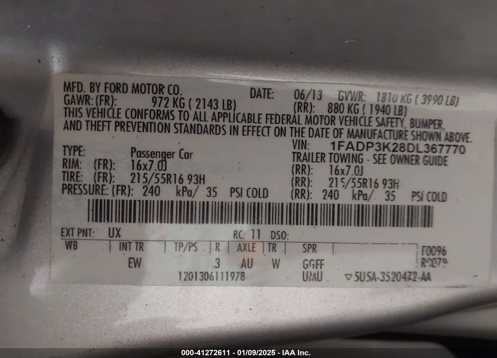 2013 FORD FOCUS SE VIN: 1FADP3K28DL367770