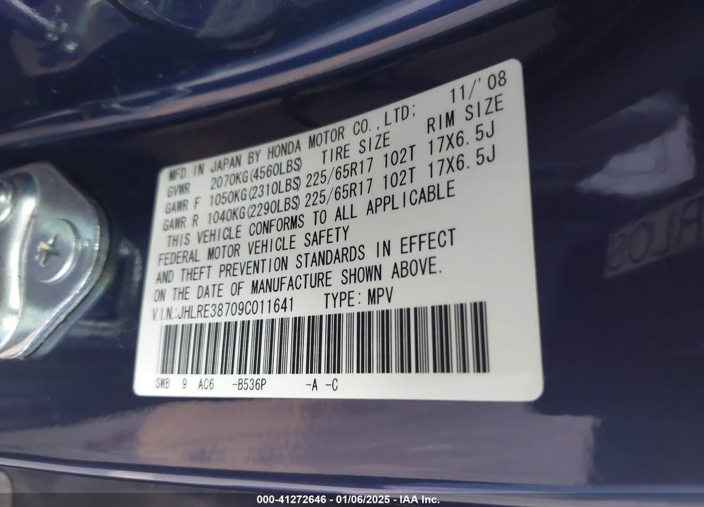 2009 HONDA CR-V EX-L VIN: JHLRE38709C011641