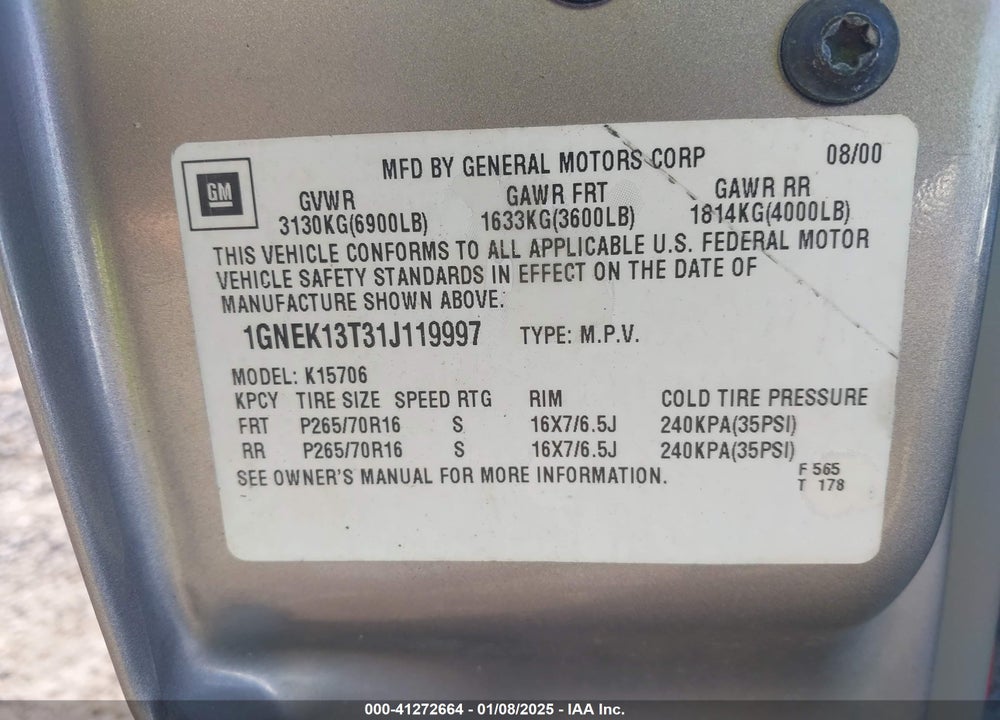 2001 CHEVROLET TAHOE LT VIN: 1GNEK13T31J119997