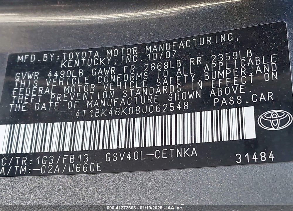 2008 TOYOTA CAMRY LE V6 VIN: 4T1BK46K08U062548