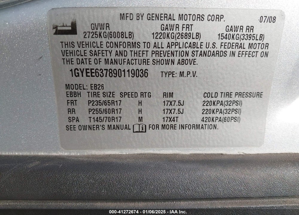 2009 CADILLAC SRX V6 VIN: 1GYEE637890119036