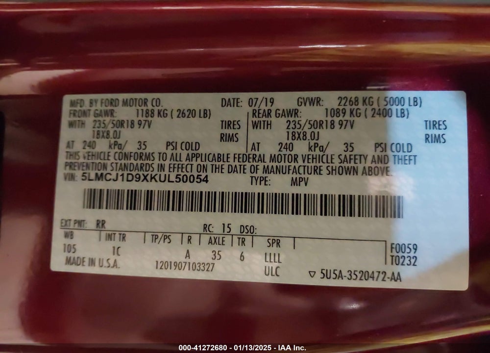 2019 LINCOLN MKC STANDARD VIN: 5LMCJ1D9XKUL50054
