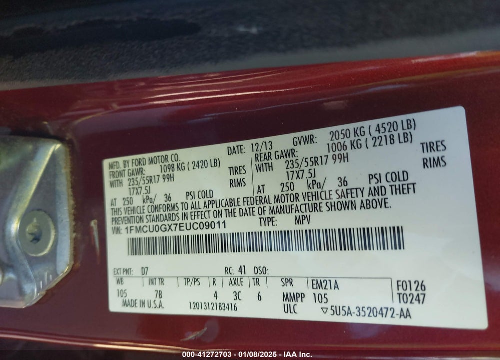 2014 FORD ESCAPE SE VIN: 1FMCU0GX7EUC09011