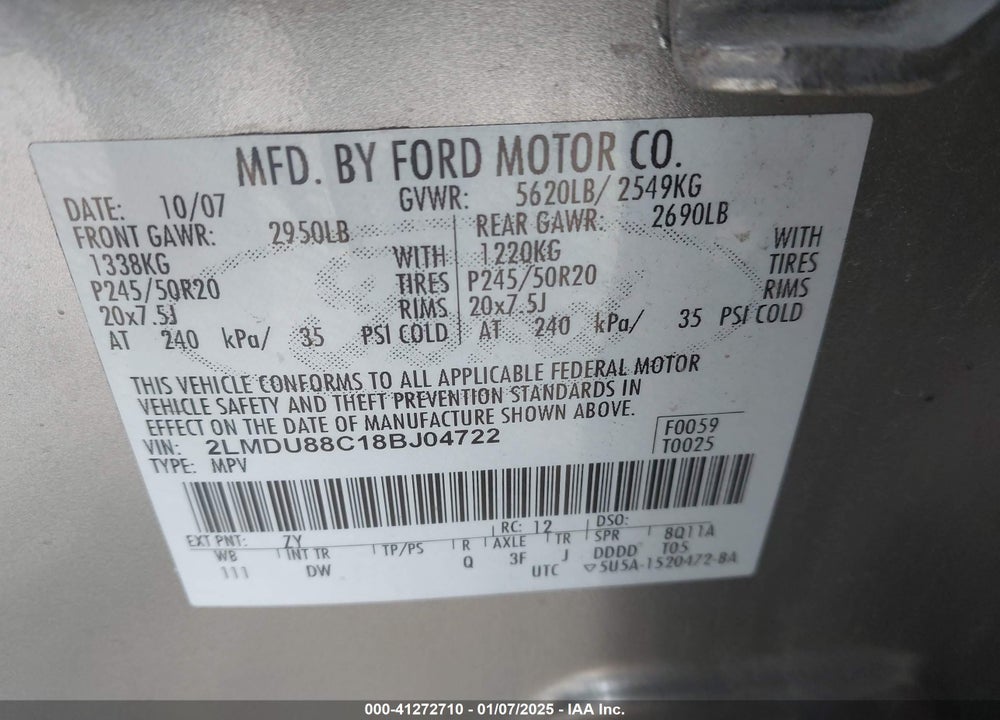 2008 LINCOLN MKX VIN: 2LMDU88C18BJ04722