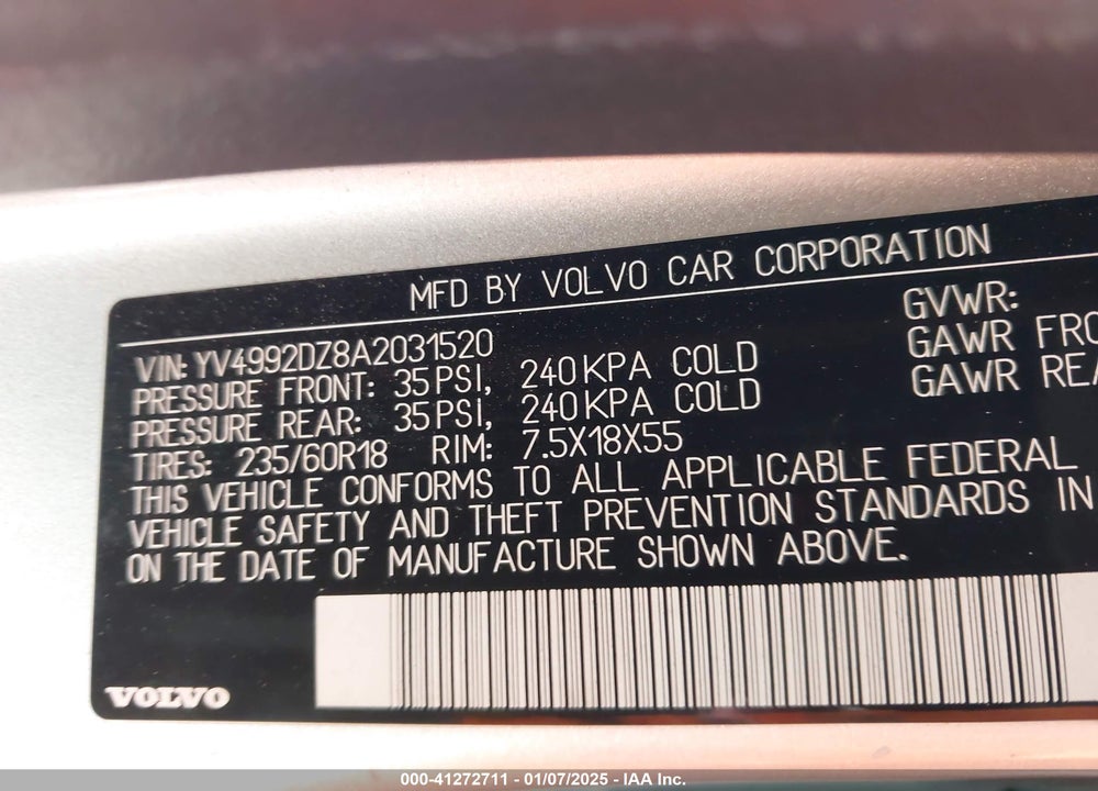 2010 VOLVO XC60 T6/T6 R-DESIGN VIN: YV4992DZ8A2031520