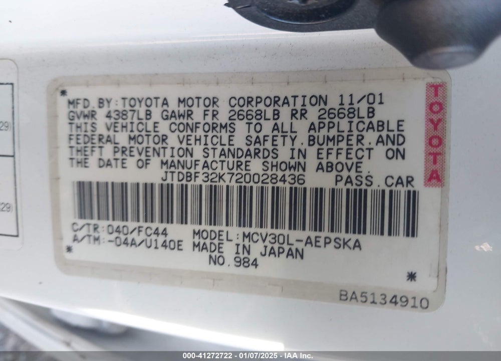 2002 TOYOTA CAMRY SE V6 VIN: JTDBF32K720028436