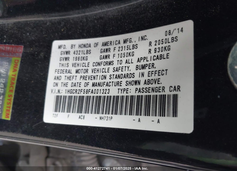 2015 HONDA ACCORD VIN: 1HGCR2F58FA001323