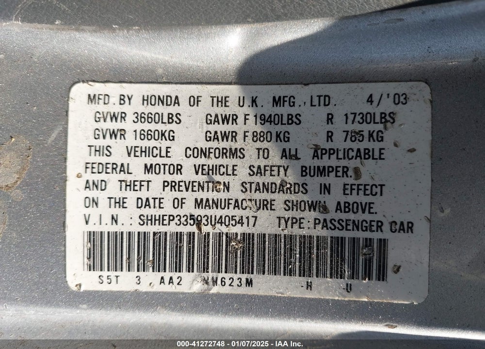 2003 HONDA CIVIC SI VIN: SHHEP33593U405417