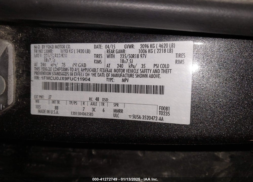 2015 FORD ESCAPE TITANIUM VIN: 1FMCU0JX9FUC11904