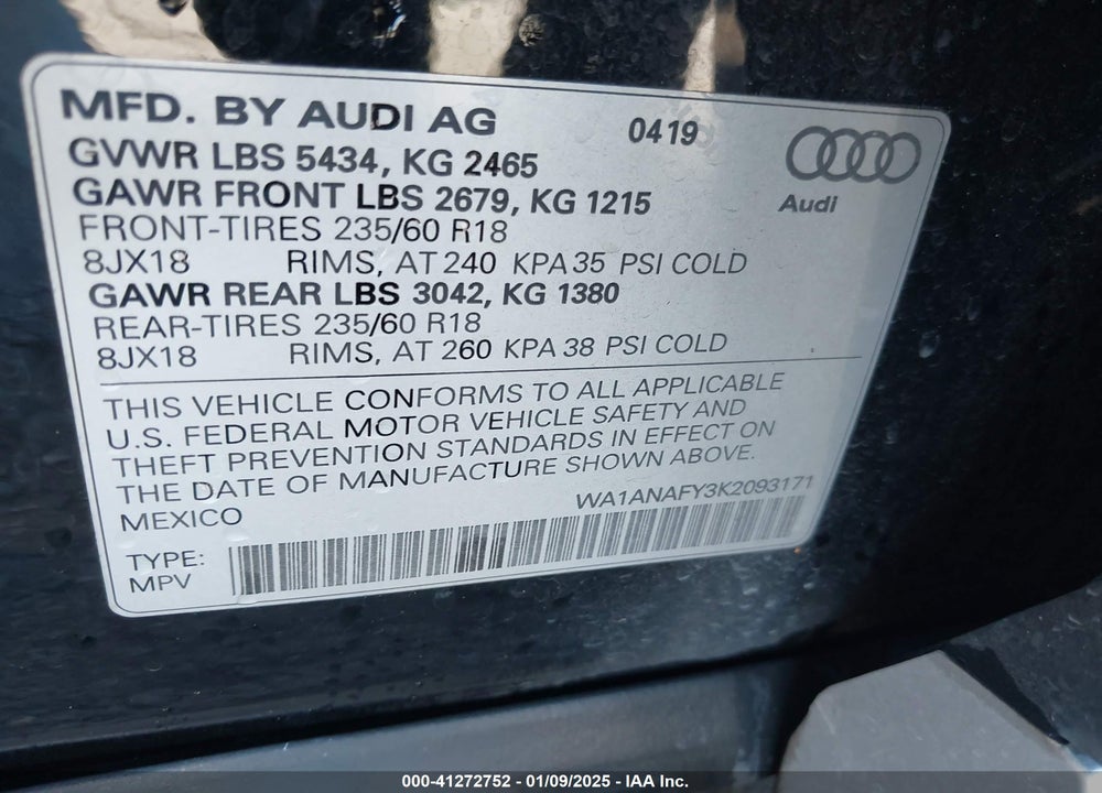 2019 AUDI Q5 45 PREMIUM VIN: WA1ANAFY3K2093171