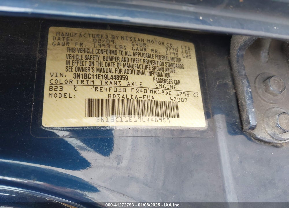 2009 NISSAN VERSA VIN: 3N1BC11E19L448959