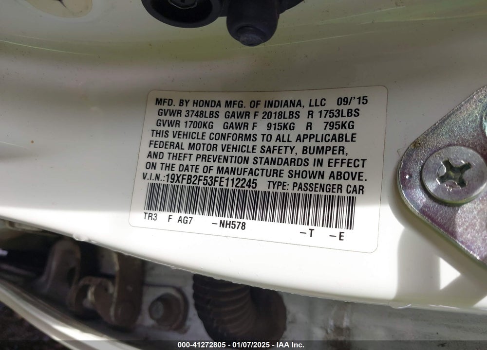 2015 HONDA CIVIC VIN: 19XFB2F53FE112245