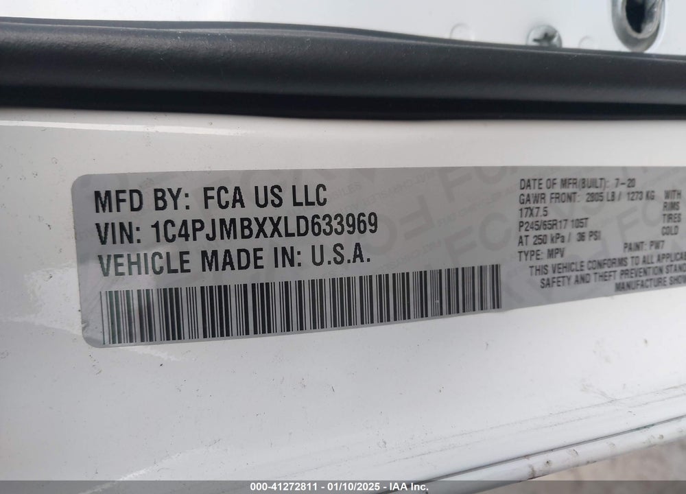 2020 JEEP CHEROKEE TRAILHAWK 4X4 VIN: 1C4PJMBXXLD633969