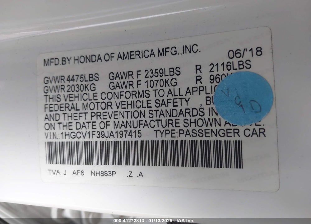 2018 HONDA ACCORD VIN: 1HGCV1F39JA197415