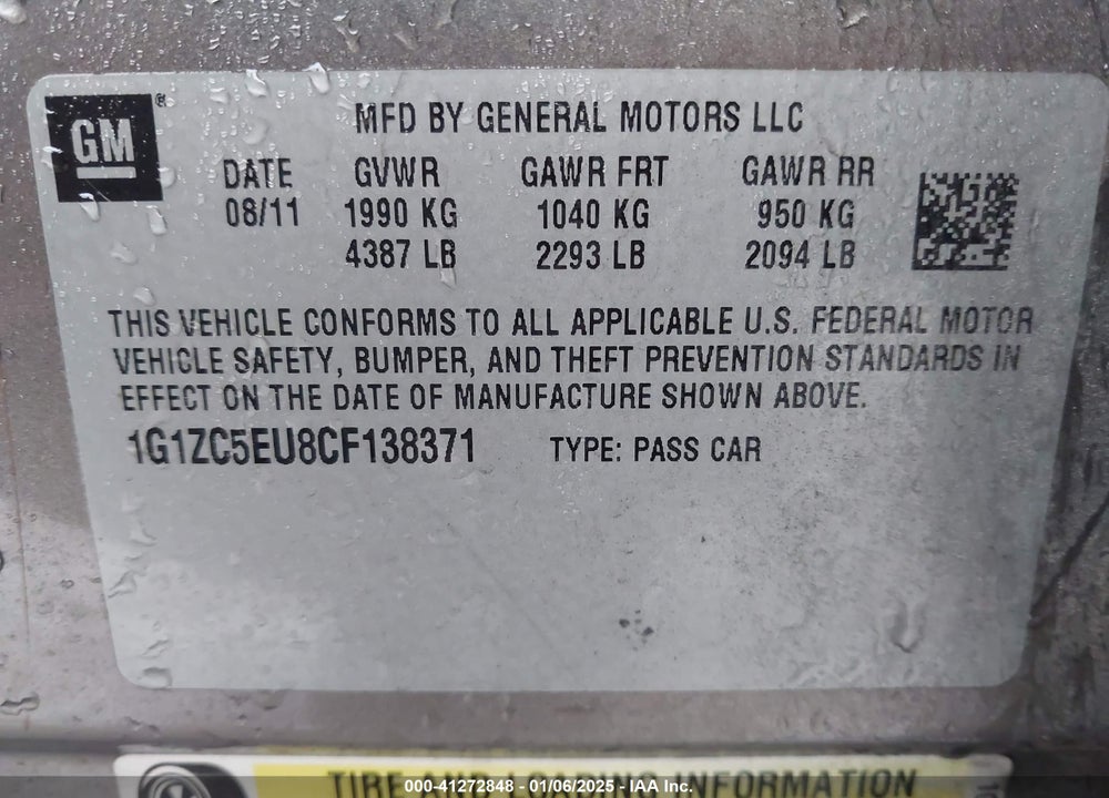 2012 CHEVROLET MALIBU 1LT VIN: 1G1ZC5EU8CF138371
