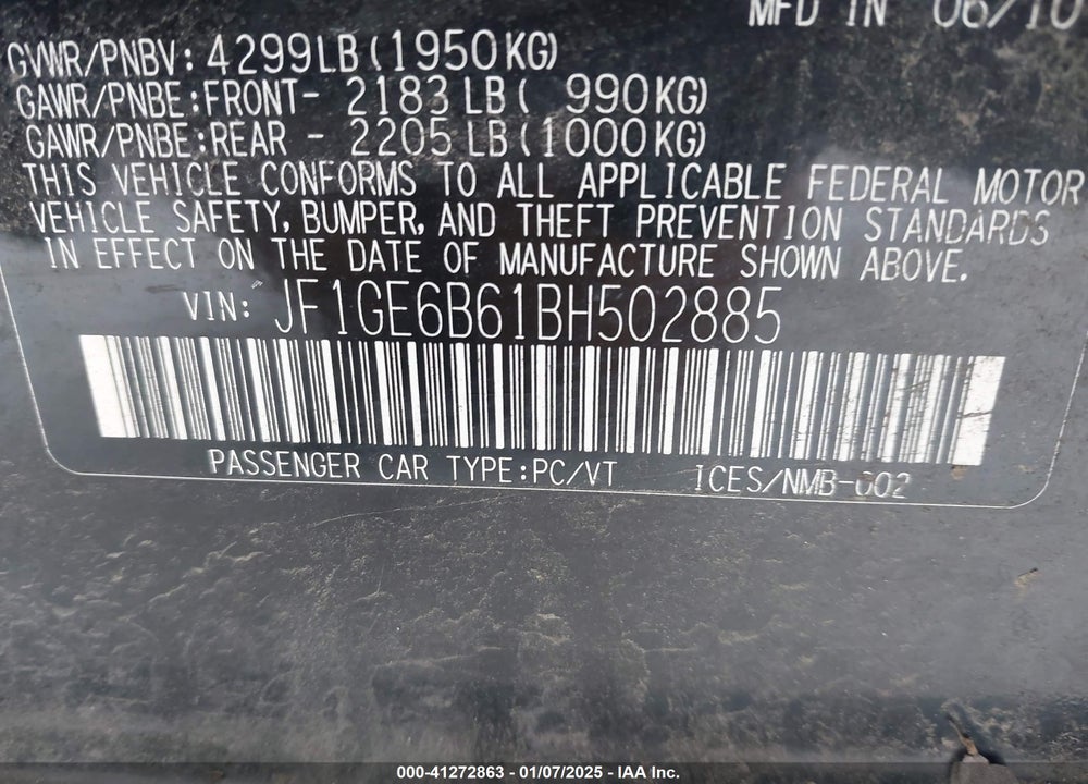 2011 SUBARU IMPREZA VIN: JF1GE6B61BH502885