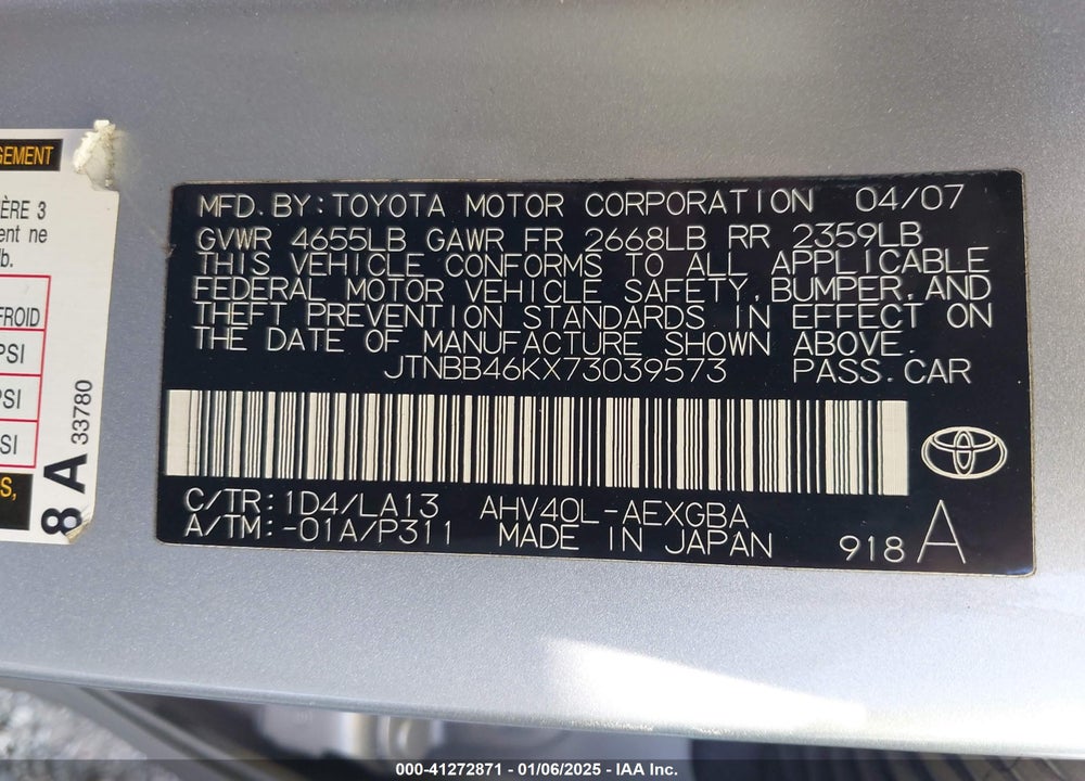 2007 TOYOTA CAMRY HYBRID VIN: JTNBB46KX73039573