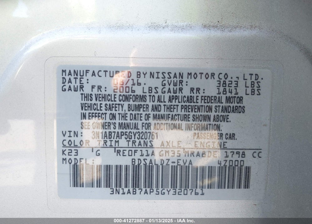 2016 NISSAN SENTRA SV VIN: 3N1AB7AP5GY320761