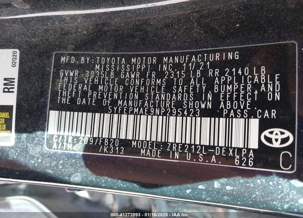 2022 TOYOTA COROLLA VIN: 5YFEPMAE9NP295423