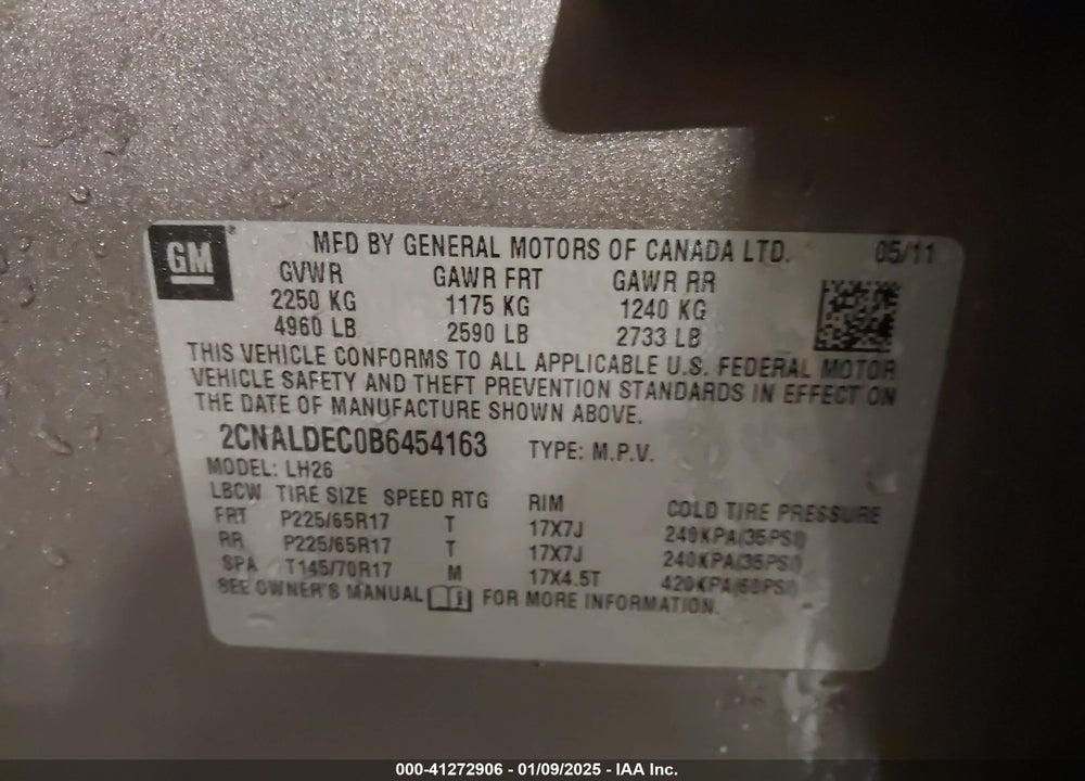 2011 CHEVROLET EQUINOX 1LT VIN: 2CNALDEC0B6454163
