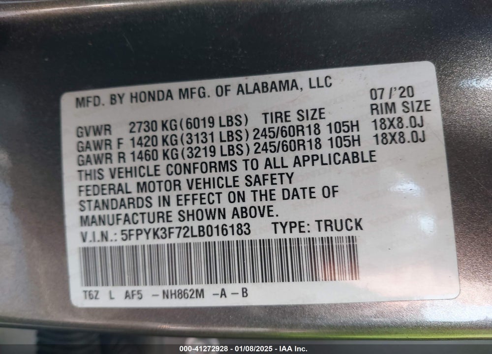 2020 HONDA RIDGELINE RTL-E VIN: 5FPYK3F72LB016183