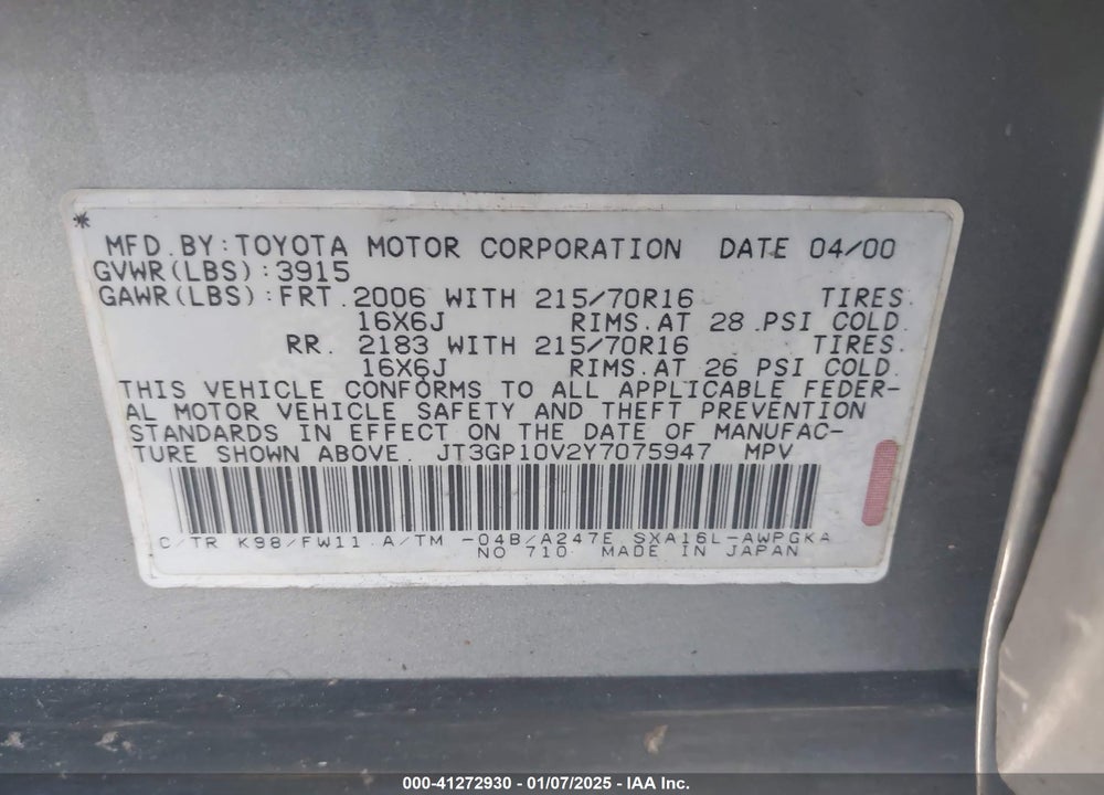 2000 TOYOTA RAV4 VIN: JT3GP10V2Y7075947