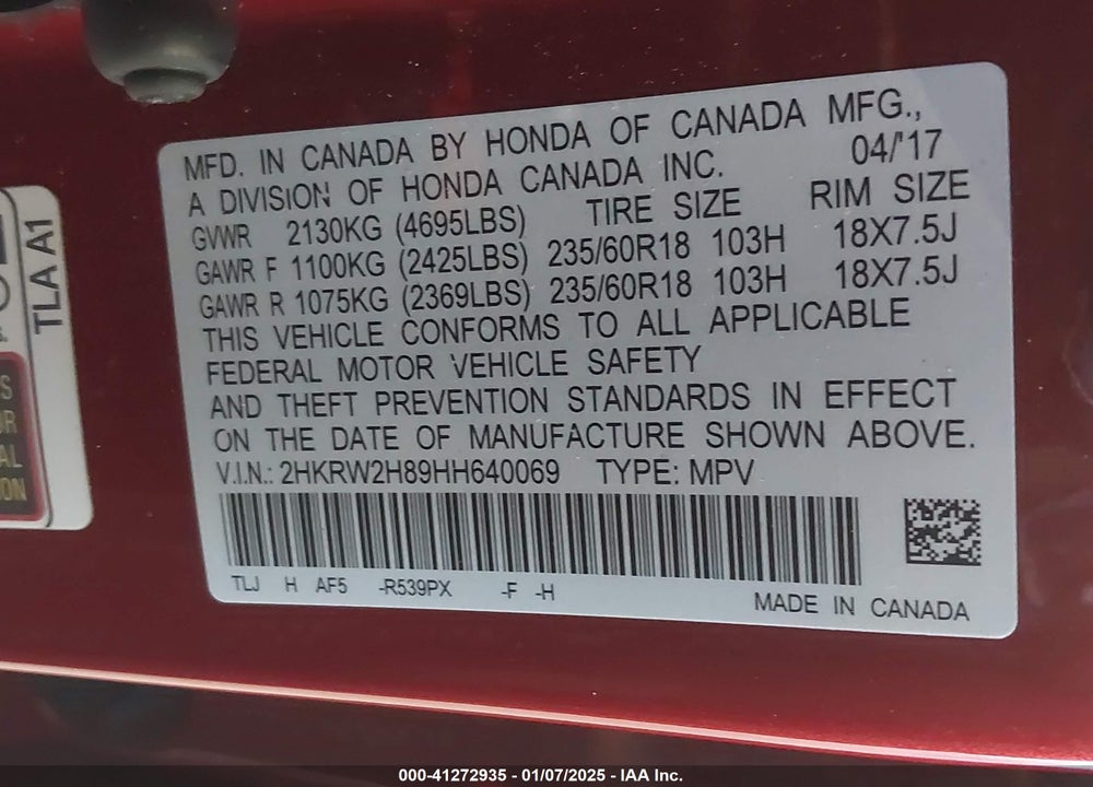 2017 HONDA CR-V VIN: 2HKRW2H89HH640069