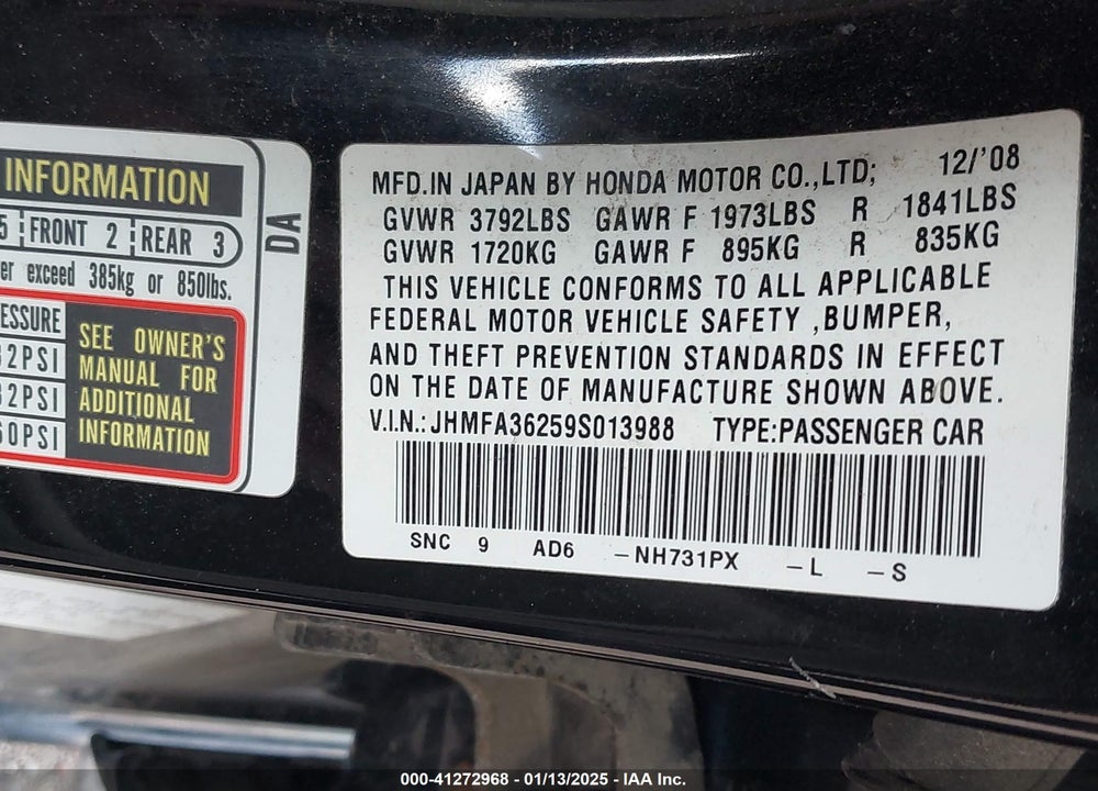 2009 HONDA CIVIC HYBRID VIN: JHMFA36259S013988