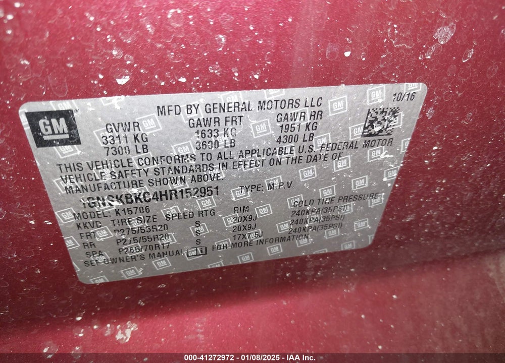 2017 CHEVROLET TAHOE LT VIN: 1GNSKBKC4HR152951