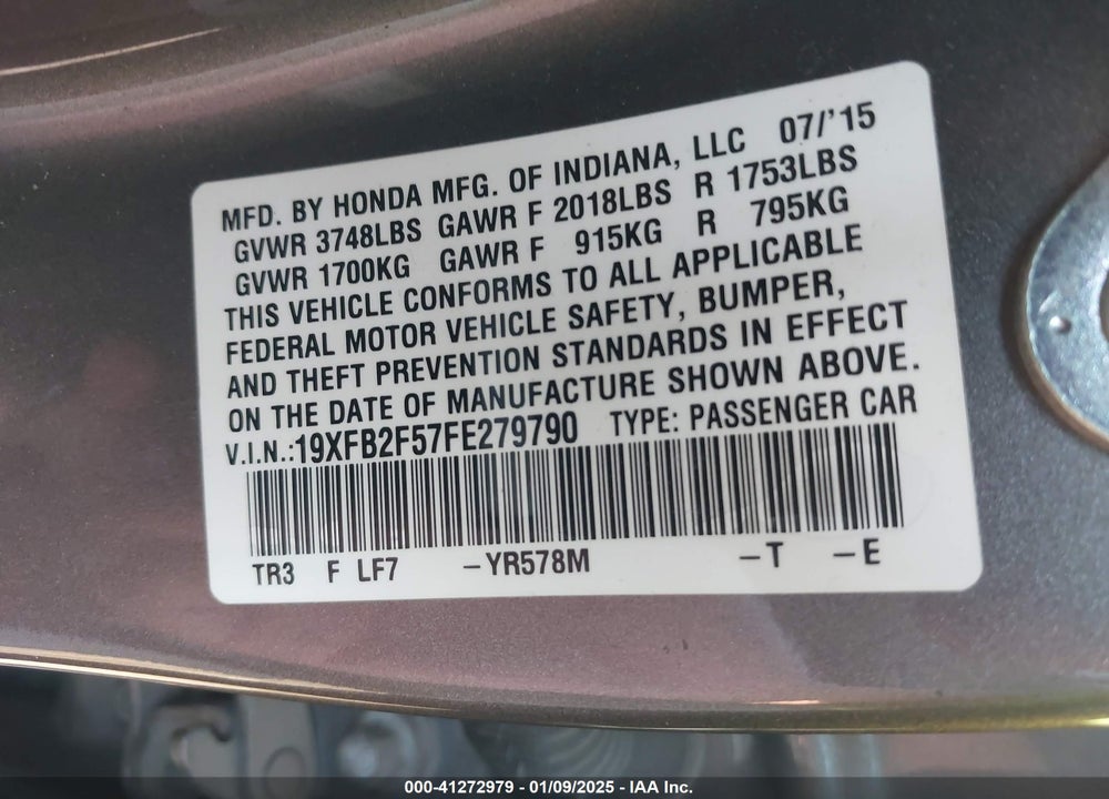 2015 HONDA CIVIC VIN: 19XFB2F57FE279790
