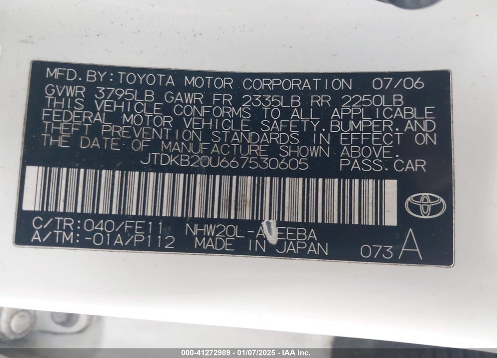 2006 TOYOTA PRIUS VIN: JTDKB20U667530605
