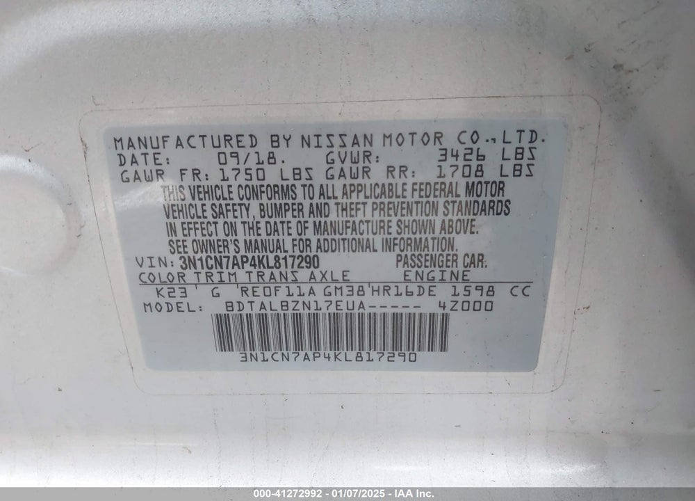 2019 NISSAN VERSA VIN: 3N1CN7AP4KL817290