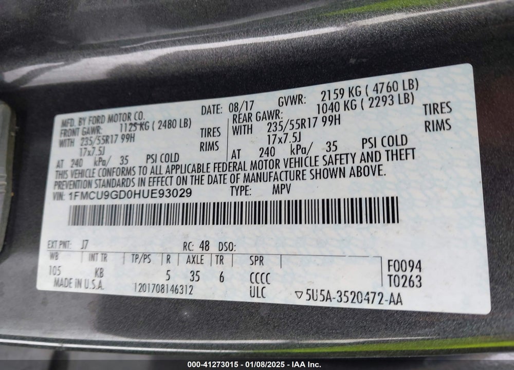2017 FORD ESCAPE SE VIN: 1FMCU9GD0HUE93029
