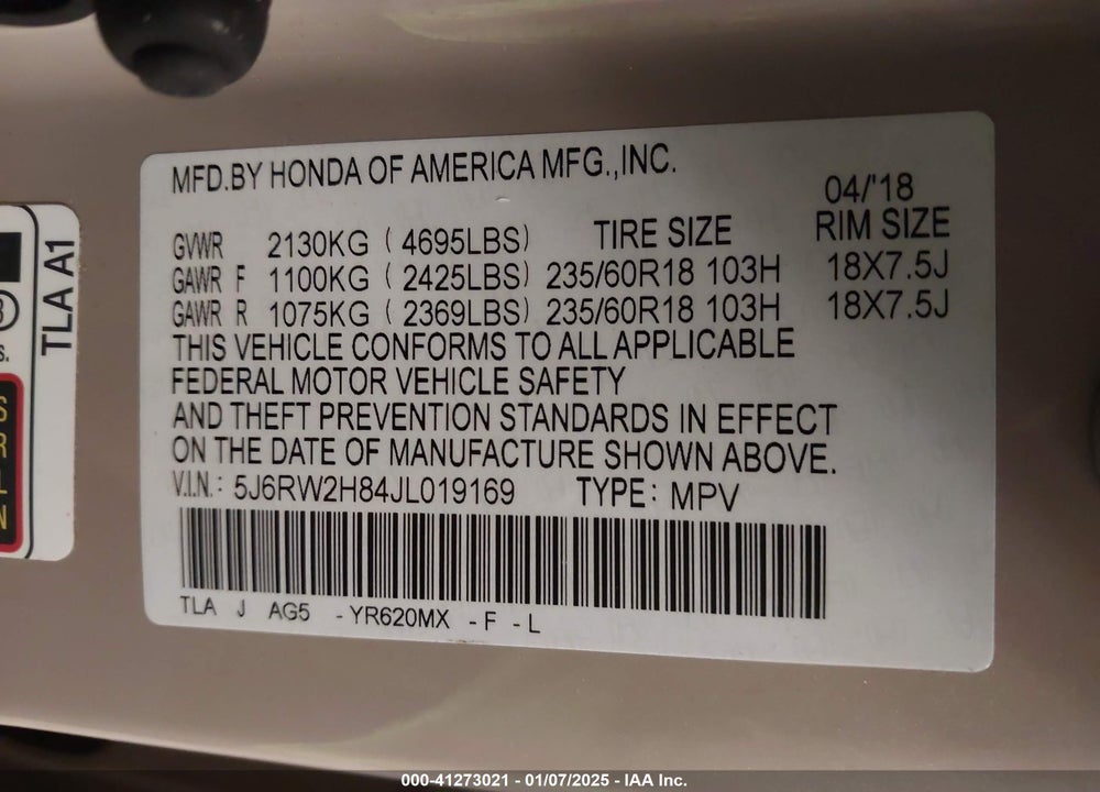 2018 HONDA CR-V VIN: 5J6RW2H84JL019169