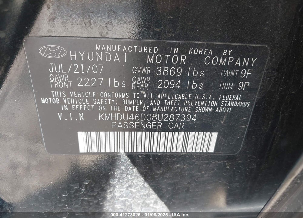 2008 HYUNDAI ELANTRA GLS/SE VIN: KMHDU46D08U287394