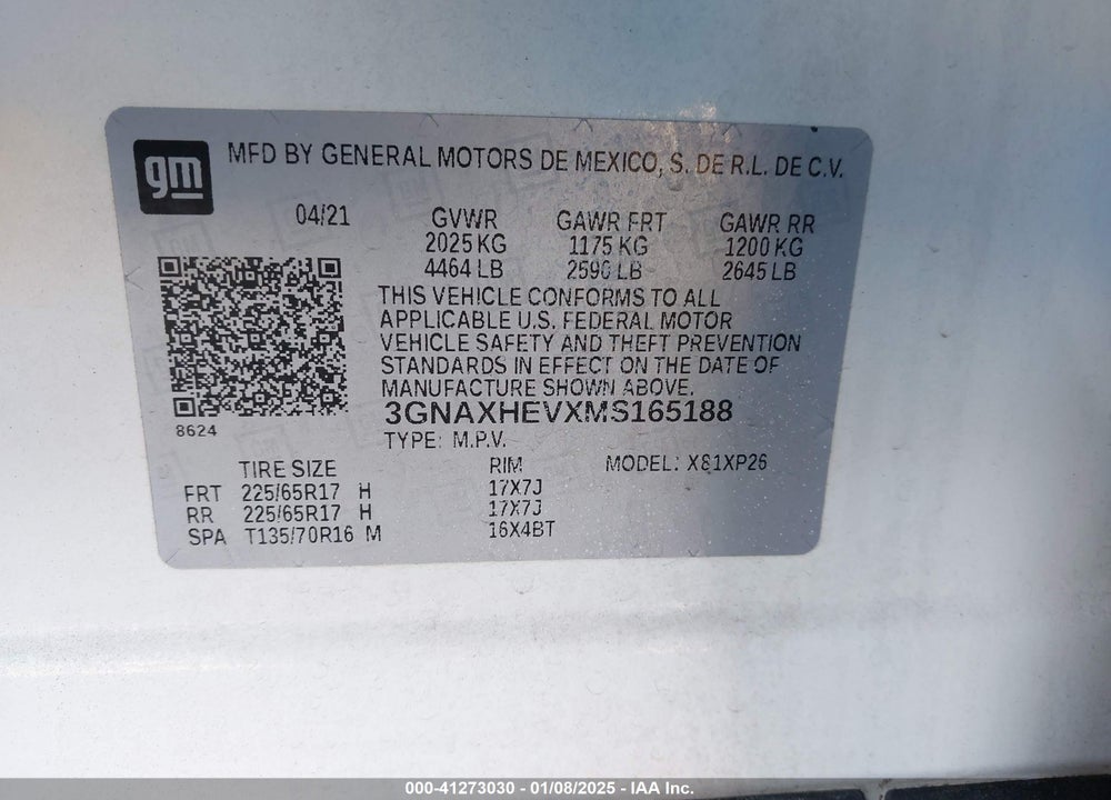 2021 CHEVROLET EQUINOX FWD LS VIN: 3GNAXHEVXMS165188