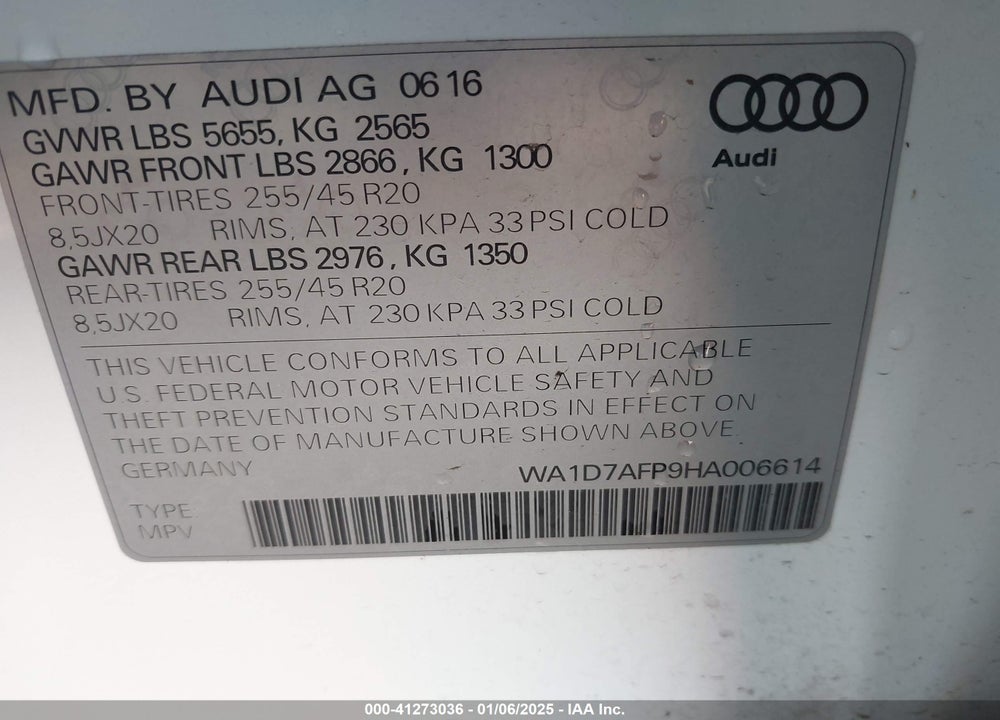 2017 AUDI Q5 3.0T PREMIUM PLUS VIN: WA1D7AFP9HA006614