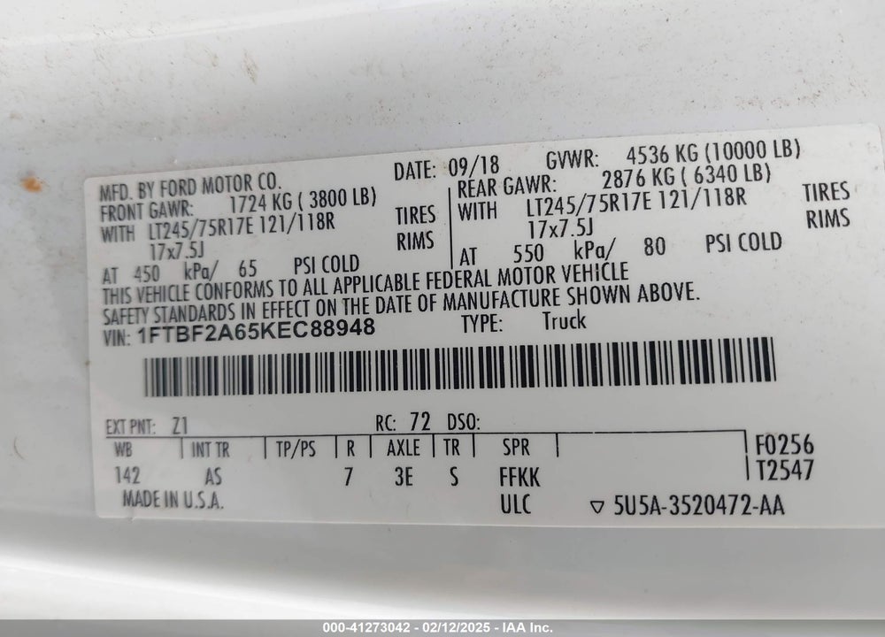 2019 FORD F-250 VIN: 1FTBF2A65KEC88948